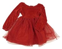 Tmavočervené žinylkovo/tylové šaty se třpytivými puntíky H&M