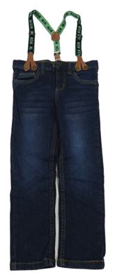 Tmavomodré slim fit rifle s kšandami lupilu
