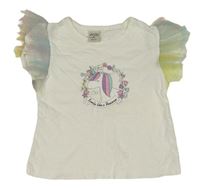 Bílé tričko s jednorožcem a tylovými volánky