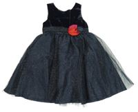 Tmavomodré sametové/tylové třpytivé slavnostní šaty s květem H&M