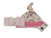 2 set - světlerůžová pletená čelenka s mašlí + růžová čepice s vílami a duhami 