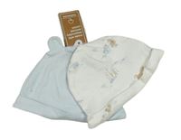 Nové - 2x bavlněná čepice - smetanová se zvířaty + světlemodrá Mothercare