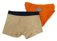 2Set - Béžovo/tmavomodré boxerky + tmavooranžové slipy s autem C&A