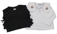 Nové - 2set - Bílá košile s květy a límečkem + tmvošedá svetrová vesta 