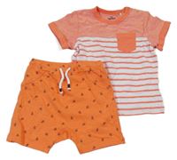 2set - Oranžovo-bílé pruhované tričko + oranžové teplákové kraťasy s kotvami Topomini