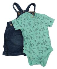 Nové - 2set - Zelené body s podmořským světem + tmavomodré riflové laclové kraťasy Kuniboo