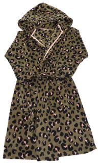 Khaki-růžovo-černý leopardí chlupatý župan s kapucí M&S