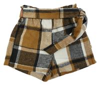 Hnědo-modro-bílé kostkované flanelové kraťasy s páskem Shein
