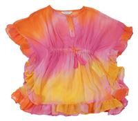 Tmavorůžovo/oranžovo/žlutá žoržetová plážová tunika s volánky PRIMARK