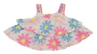 Bílý vrstvený halenkový crop top s modro-růžovými květy se srdíčky a nápisy OVS