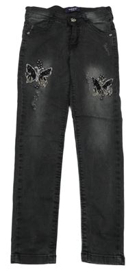 Čenošedé skinny rifle s motýlky s kamínky a řetízky a prošoupáním