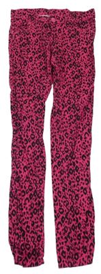 Fuchsiovo-černé vzorované skinny kalhoty