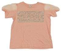 Broskvové tričko s nápisem a síťovanými rukávy River Island