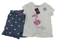 Nové - 2set - Bílé tričko s plameňákem + tmavomodré melírované puntíkaté bavlněné kraťasy George