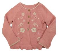 Starorůžový propínací svetr s květy a flitry Mothercare