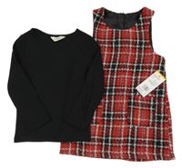 Nové - 2set - Červeno-černé kostkované šaty + černé žebrované triko F&F