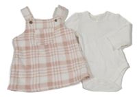 2 set - bílé žebrované body + bílo-růžové kostkované fleecové laclové šaty George