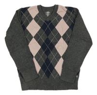 Šedo-růžovo-tmavomodrý vlněný károvaný svetr H&M