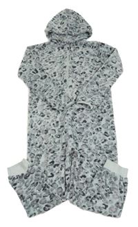 Šedo-růžová plyšová kombinéza s leopardím vzorem a kapucí Y.F.K.