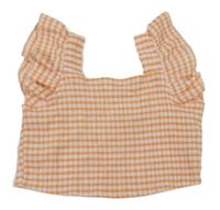 Oranžovo-bílá kostkovaná crop halenka s volánky Shein