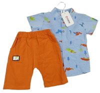 Nové - 2set - Světlemodrá košile s dinosaury + 3/4 oranžové kalhoty s nášivkou 