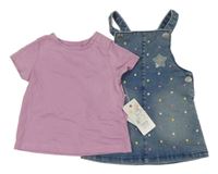 Nové - 2 set - růžové tričko + modré laclové riflové šaty s barevnými puntíky F&F