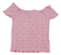 Růžové kytičkované žebrované crop tričko BLUE SEVEN