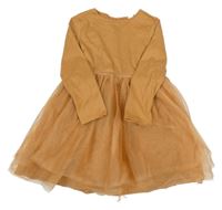 Karamelové mačkané slavnostní šaty se třpytivým tylem H&M