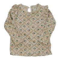 Smetanovo-hnědé kárované žebrované triko s kytičkami a volánky H&M