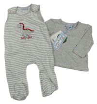 Nové - 2set - Bílo-šedé pruhované dupačky s dinosaurem + šedé melírované triko