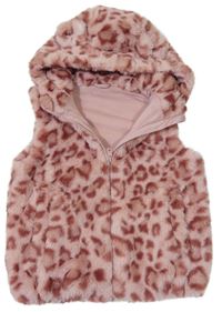 Světlerůžovo-mahagonová vzorovaná kožešinová podšitá vesta s kapucí s oušky Nutmeg
