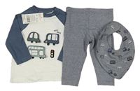 Nové - 3set - Bílo-modrošedé triko s auty + pruhované legíny + slinták s auty F&F