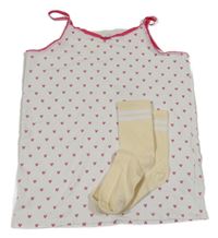 2Set - Bílá košilka se srdíčky Vertbaudet + vanilkové ponožky s pruhy 