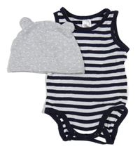 2set - Tmavomodro-bílé pruhované body + šedá čepice s hvězdami 