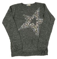 Tmavošedý melírovaný pletený svetr s hvězdou z flitrů H&M