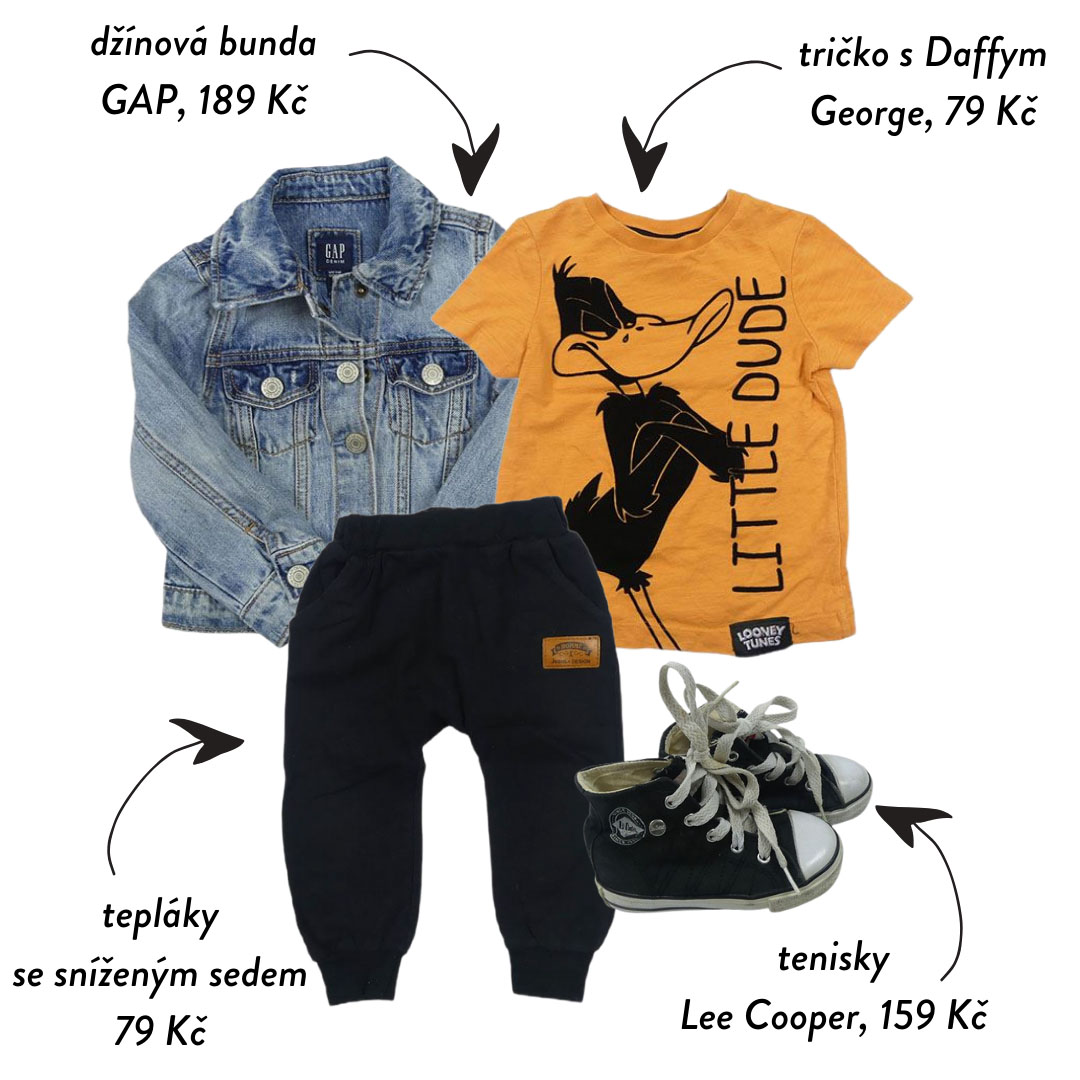 I v pohodlném teplákovém outfitu můžete být velkej frajer. Džínová bundička oživí každý dětský outfit.