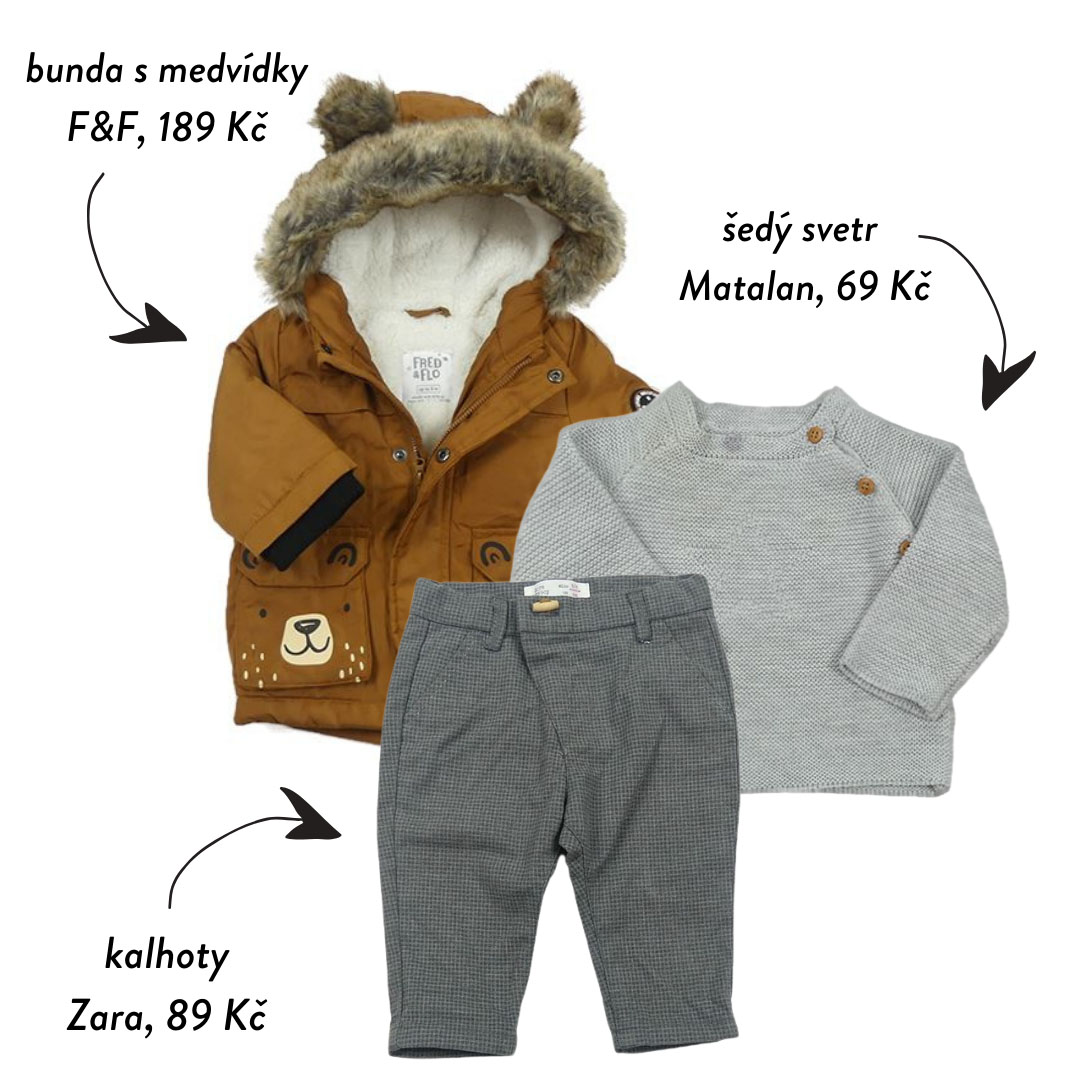 Jeden tématicky šedo hnědý medvídkovský outfit ve velikosti 62.