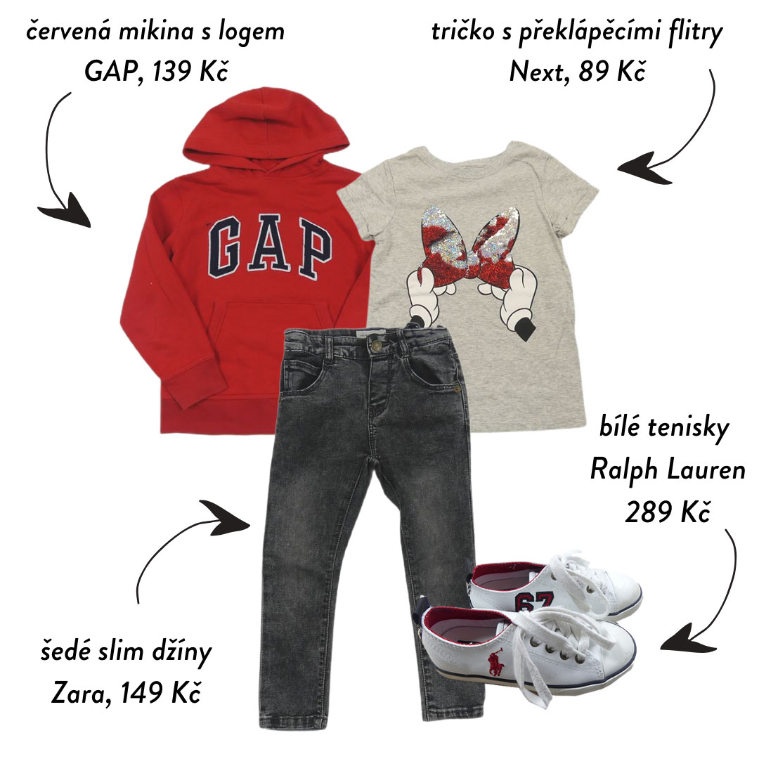 Nejen černá, ale i šedá barva ladí k červené. V tomhle outfitu jsme navíc spojily tři prvky, které u nás často hledáte - značku GAP, překlápěcí filtry a značku Ralph Lauren.