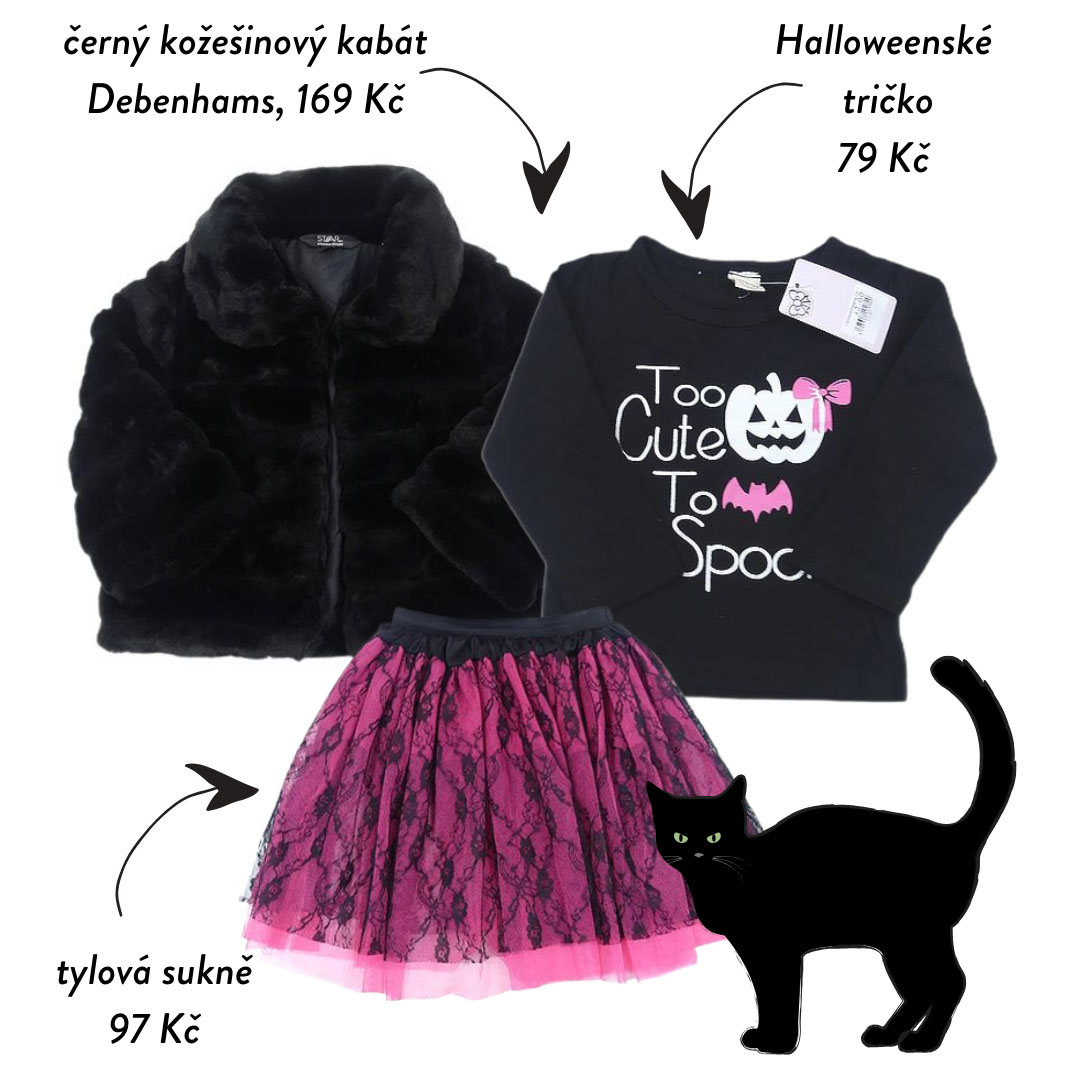 Halloween není jen oranžová barva. V tomto halloweenském outfitu zazáří každá malá čarodějka. P.S.: Kočka není v ceně outfitu.